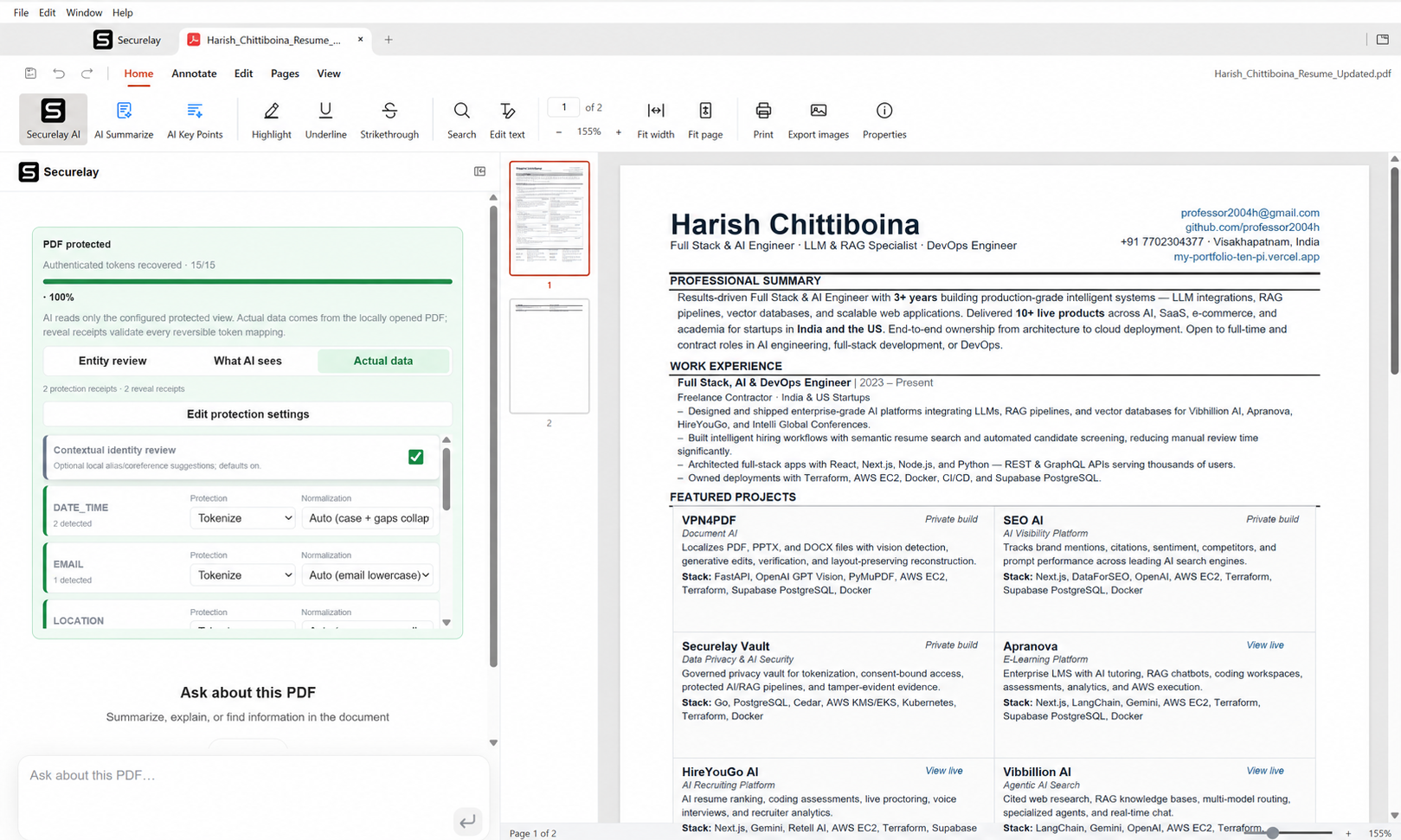 SecureDocs governed actual-data view after protected values are recovered