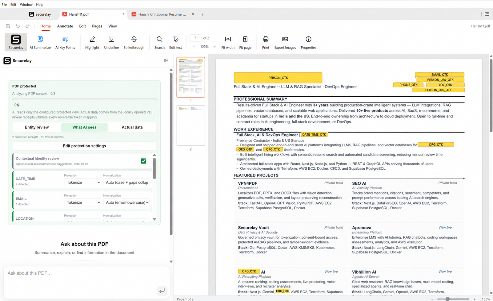 SecureDocs protected AI view showing configured sensitive values replaced by tokens